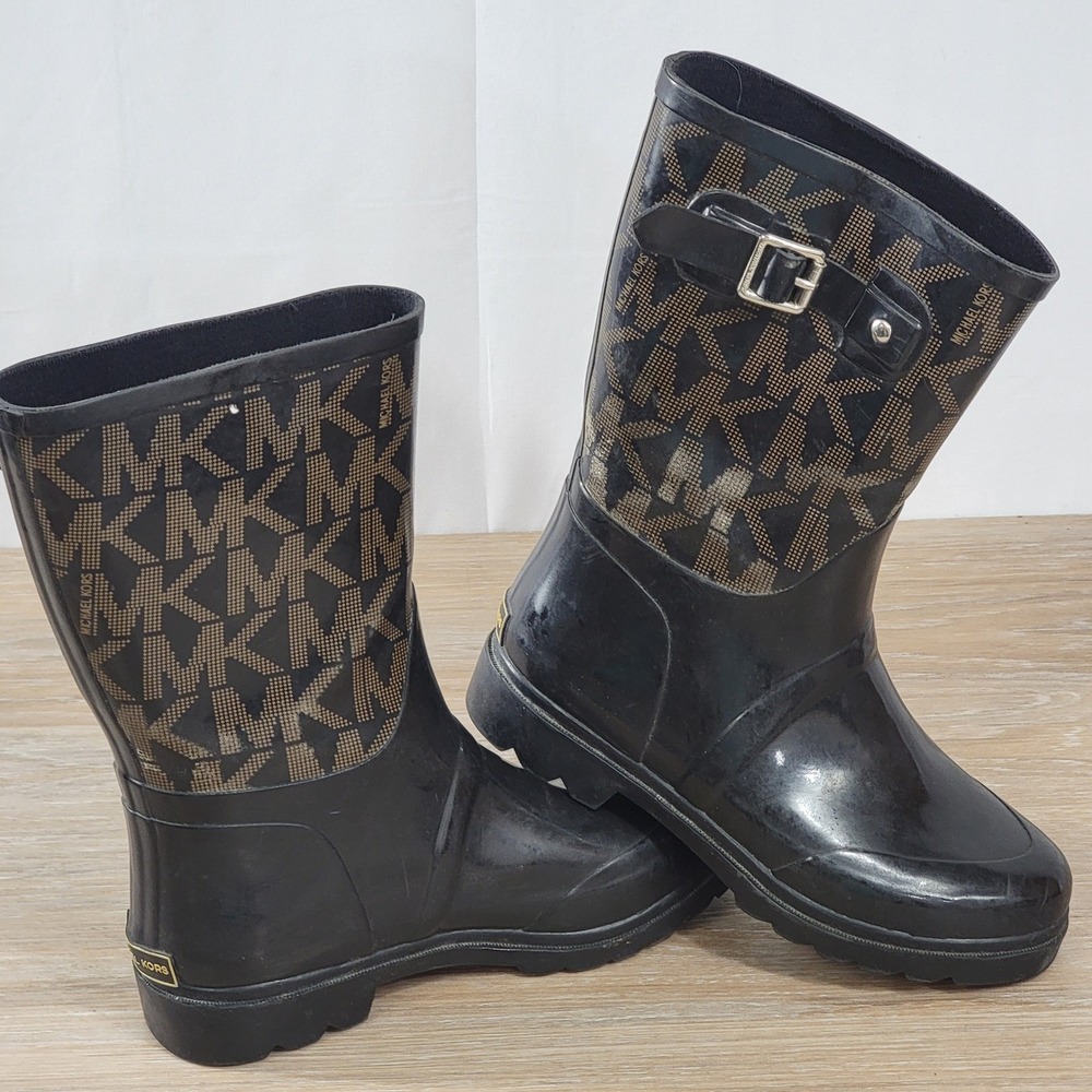 Michael Kors Womens Black MK Monogram Rubber Rain Boots Size 7 Buckle Detail